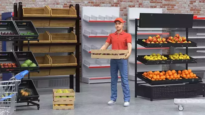 Delivery Man Carries A Box Of Fruits 3D model 2