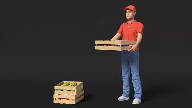 Delivery Man Carries A Box Of Fruits 3D model 5