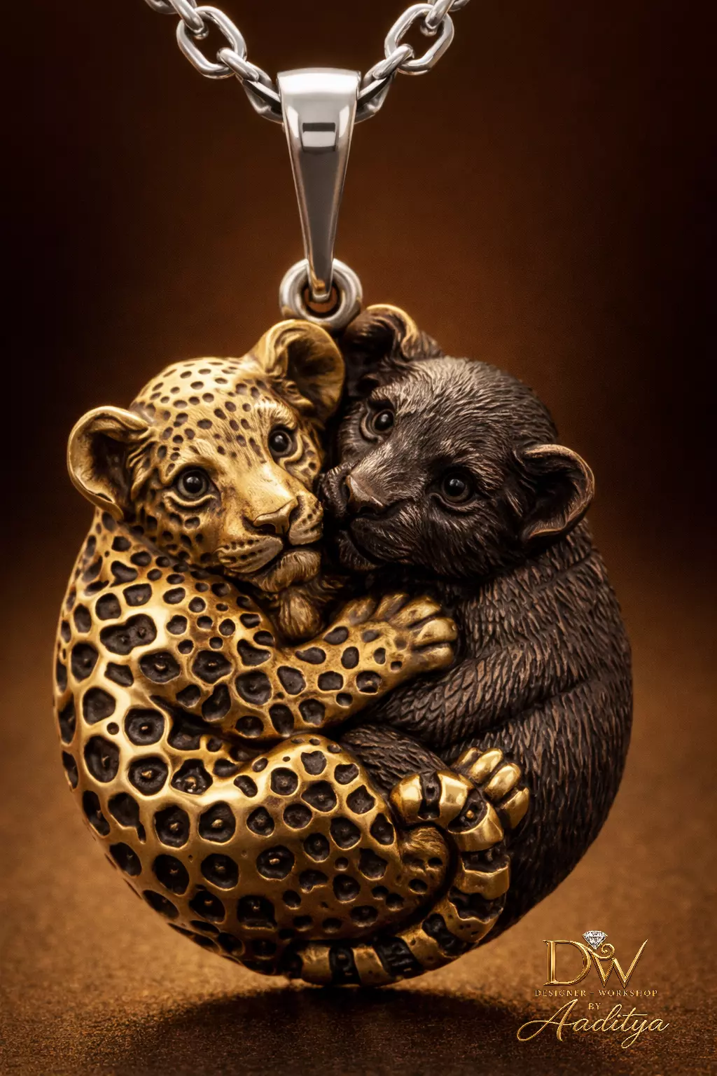 Jaguar and Bear Cub Hug Pendant 3D print model
