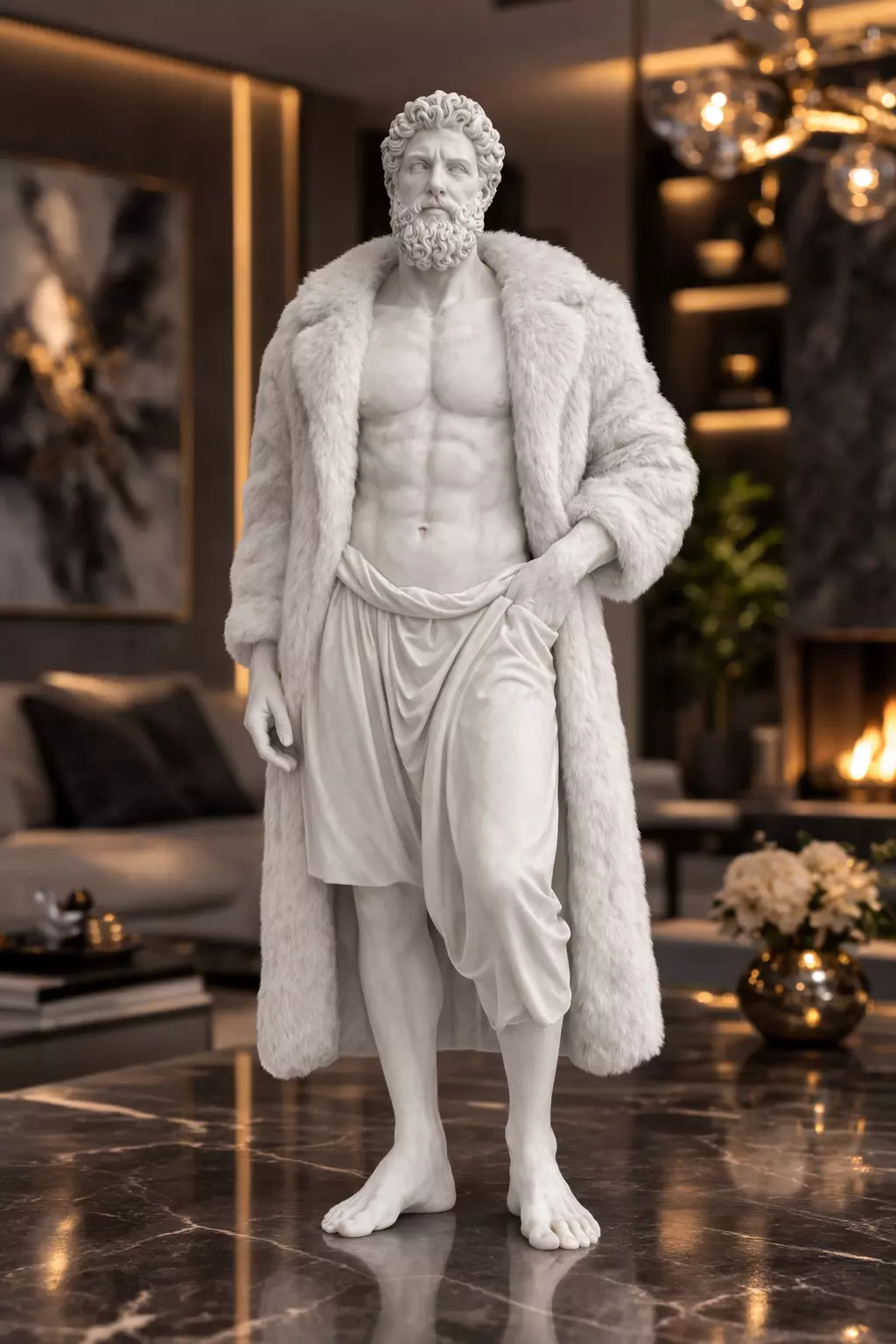Modern Zeus Statue STL Bearded Greek God with Fur Coat 3D print model