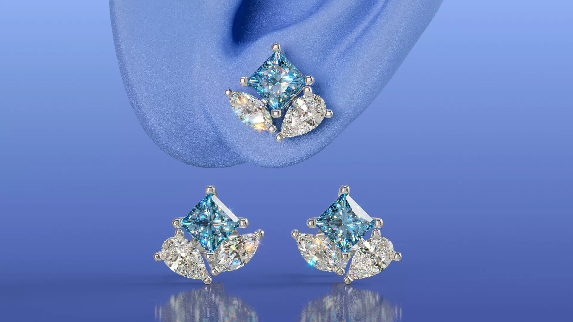Minimal Cluster Mixed 3 Diamond Stud Earrings CAD Design 3D print model