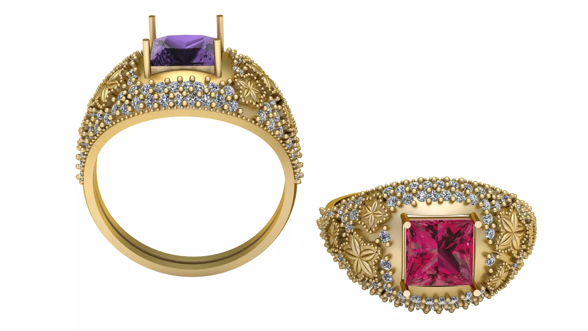 Princess-Cut Floral Gold Ring 3D print model