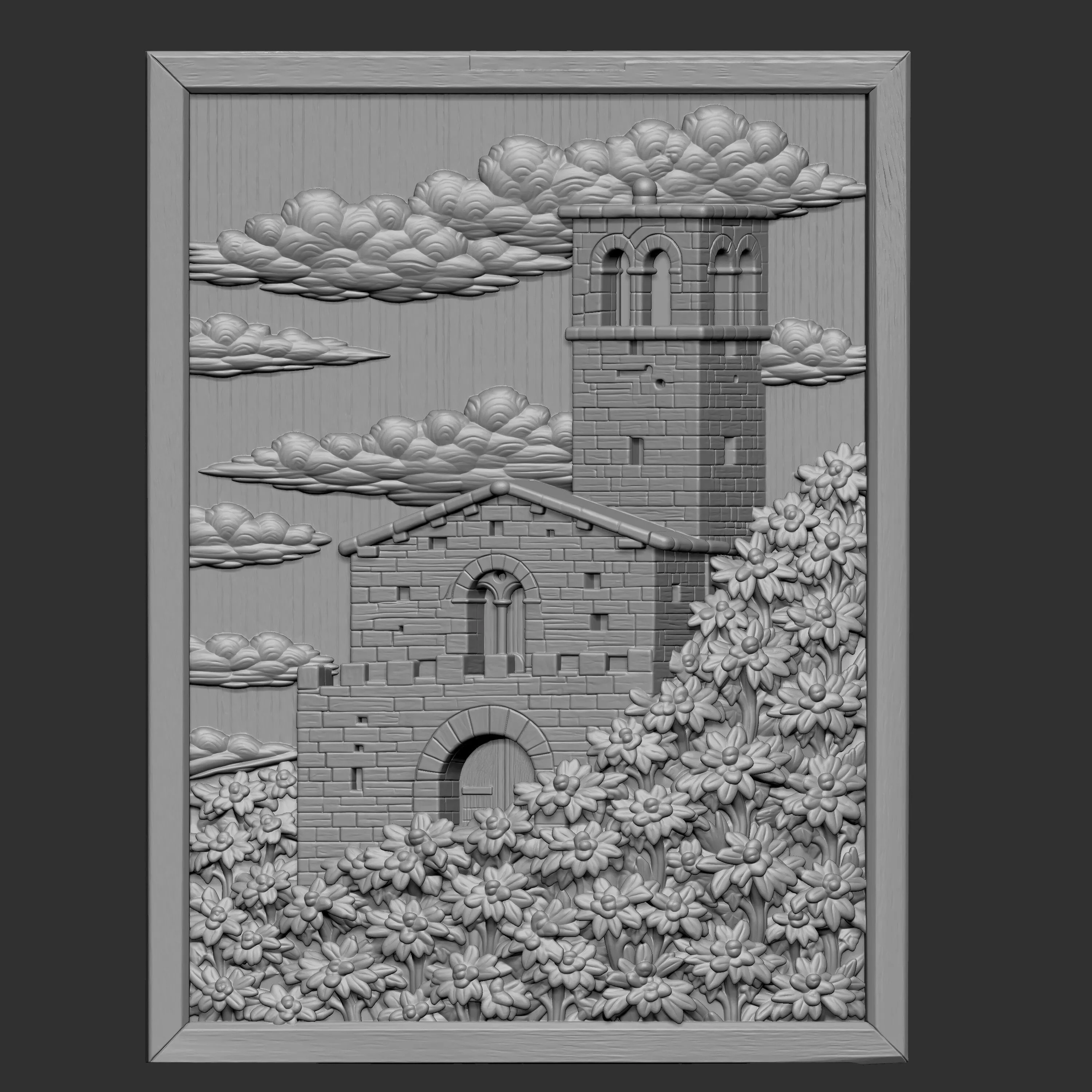 Romanesque style stone church and bell tower 3D print model