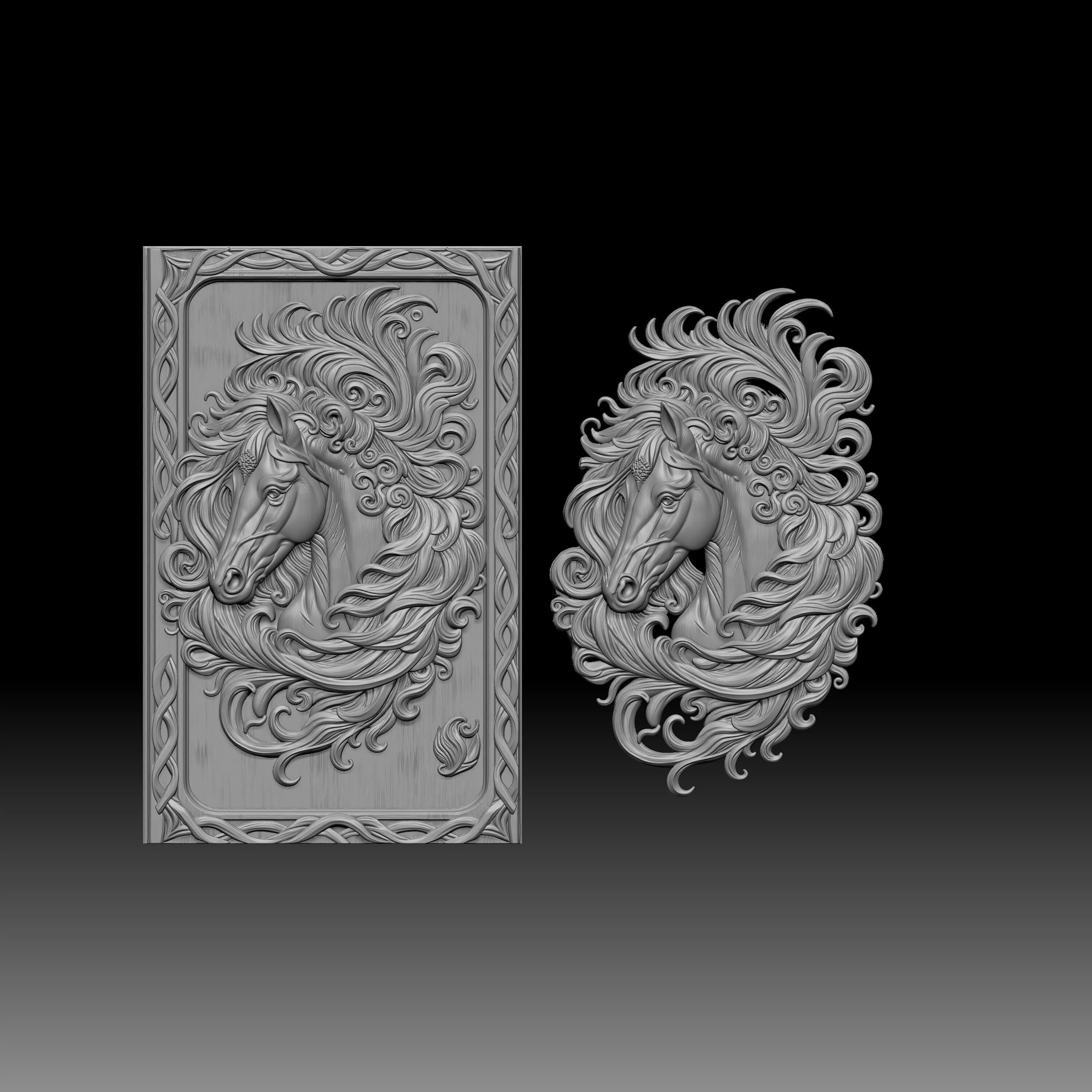 a horse head with a flowing stylized baroque mane 3D print model