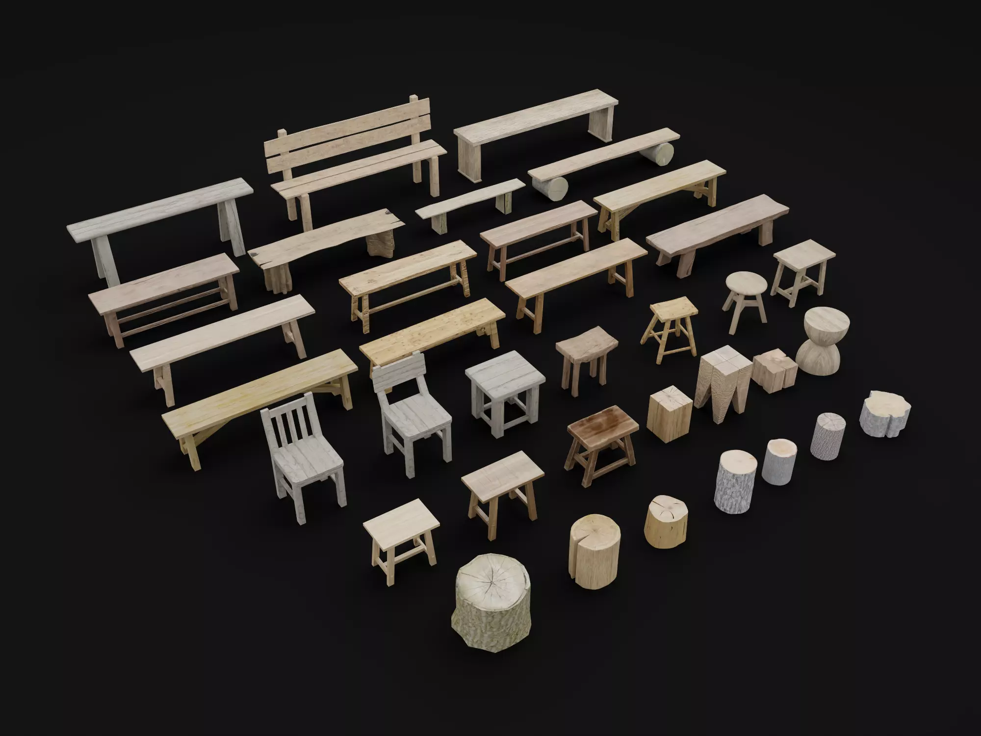 Rustic Wooden Bench Stool Set Low-poly 3D model