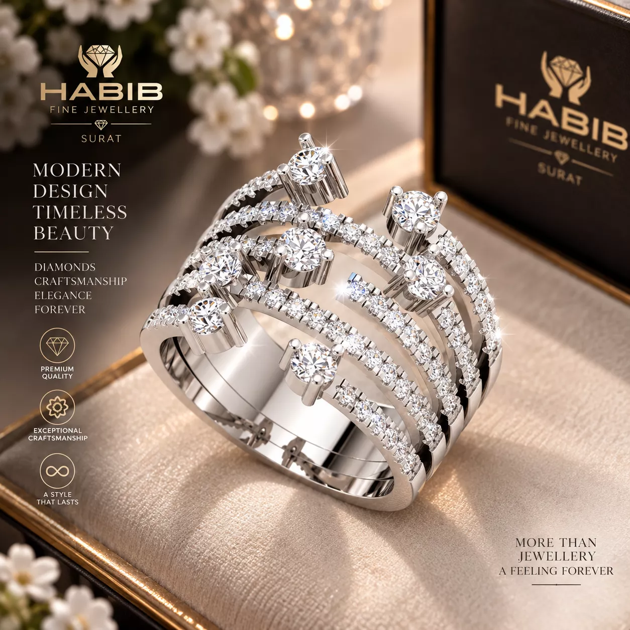 Diamond Multi Band Statement Ring 3D Model Manufacturing Ready 3D print model