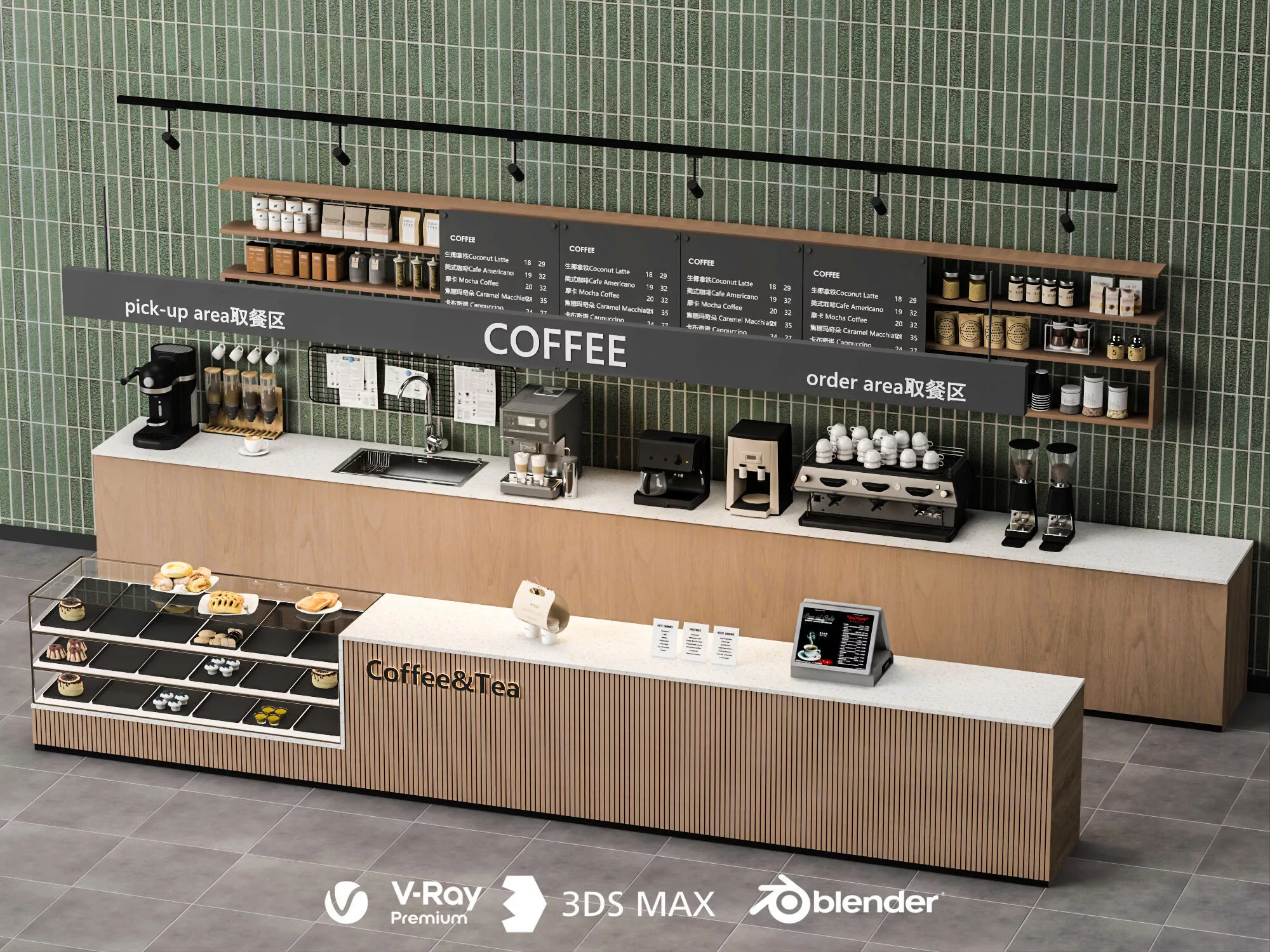 Modern Coffee Shop Counter and Interior Set 3D Model 3D model