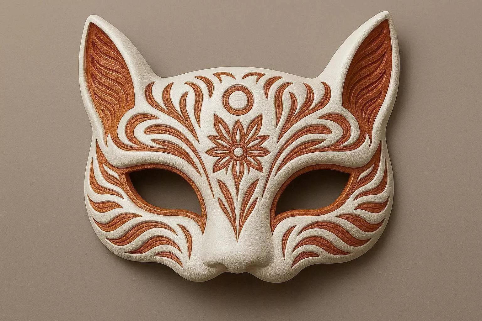 Japanese Cat Mask with Carved Floral Patterns 3D print model