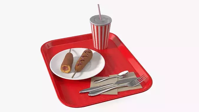 Fast Food Tray with Corn Dogs and Beverage 3D model
