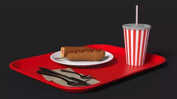 Fast Food Tray with Corn Dogs and Beverage 3D model 6