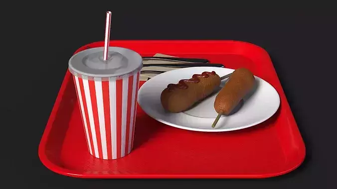 Fast Food Tray with Corn Dogs and Beverage 3D model 7