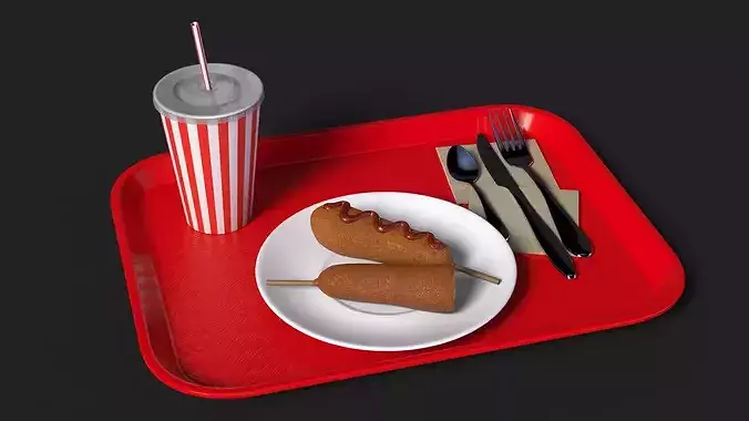 Fast Food Tray with Corn Dogs and Beverage 3D model 5