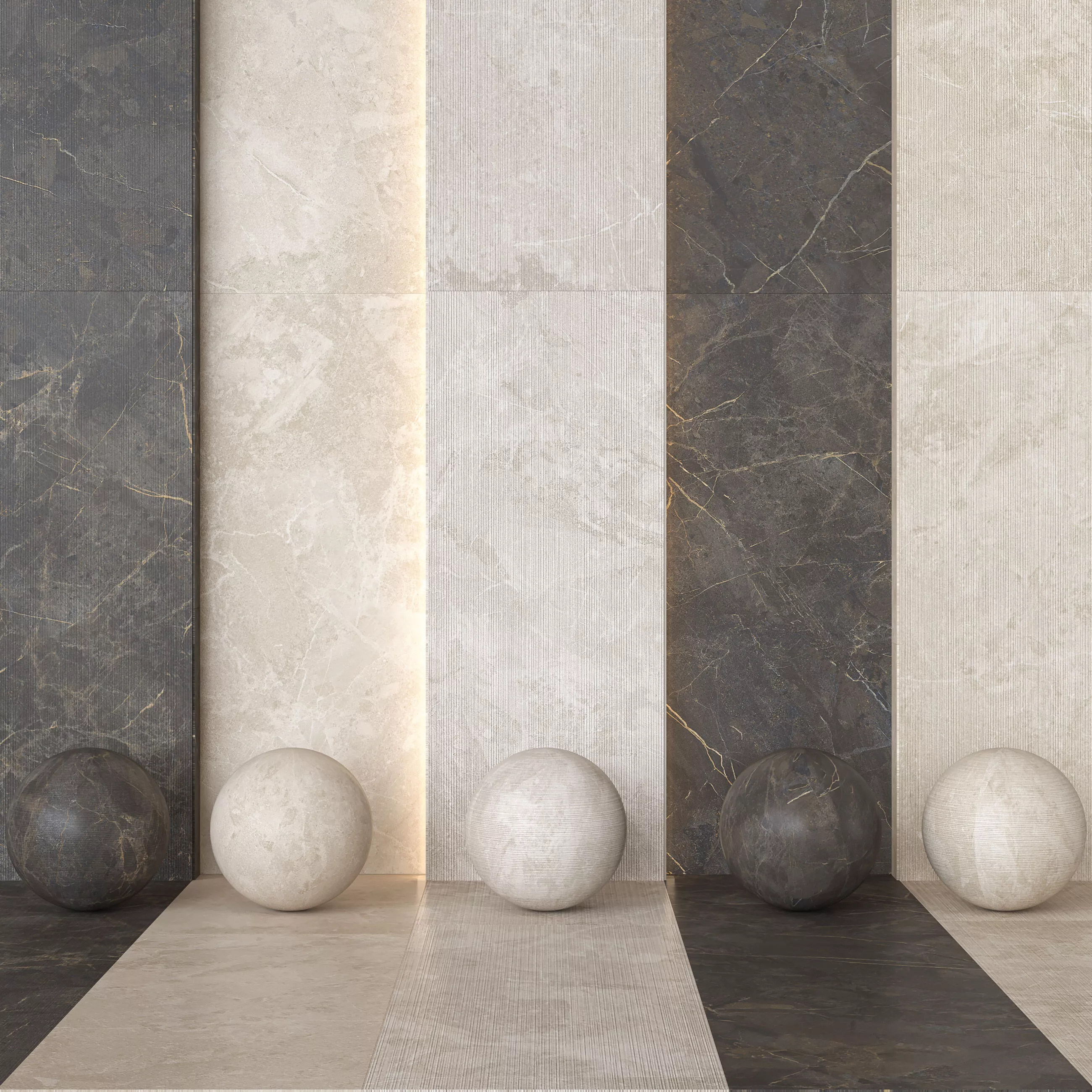 Porcelanosa Brescia Marble Effect and Fluted Tiles -Set of 9 Texture
