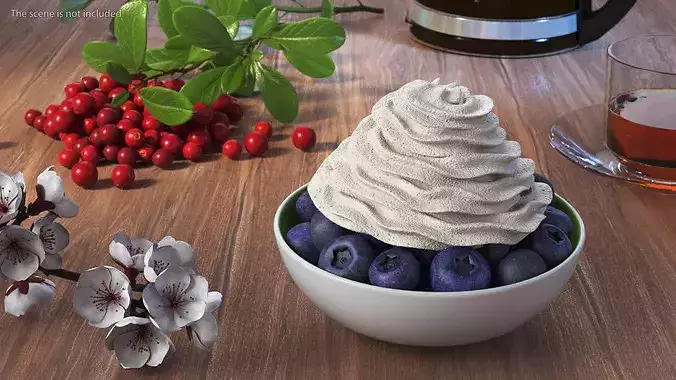Blueberries in Bowl with Whipped Cream 3D model 2