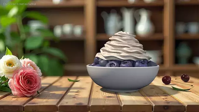 Blueberries in Bowl with Whipped Cream 3D model 3