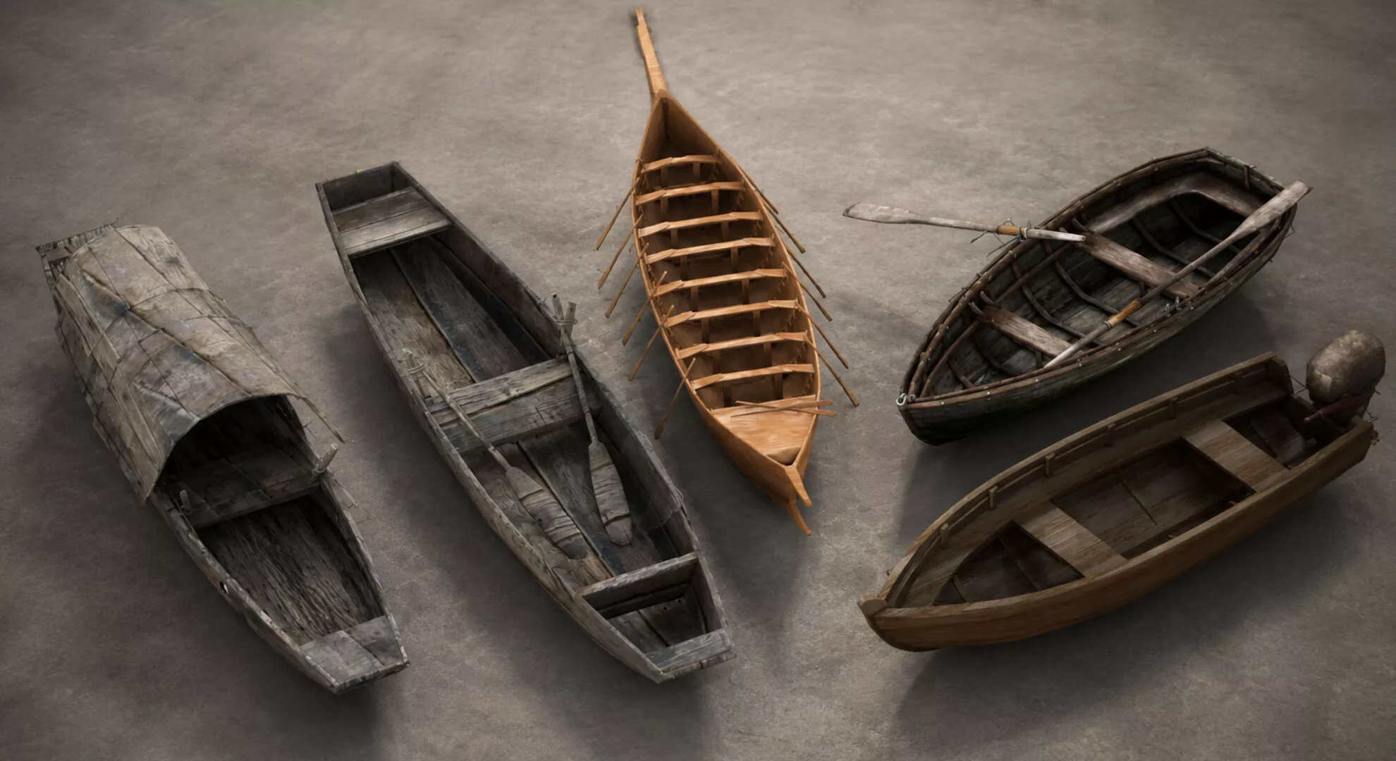 Wooden Boat Pack Medieval Fishing Boats Collection Realistic PBR Low-poly 3D model