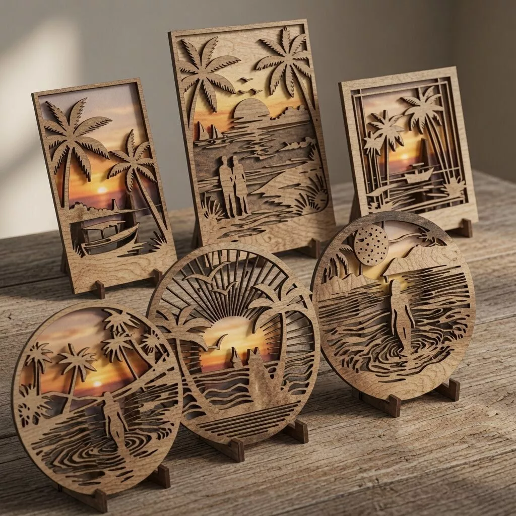 Tropical Palm Beach Bundle 3D Print Laser Cut Coastal Wall Decor 3D model