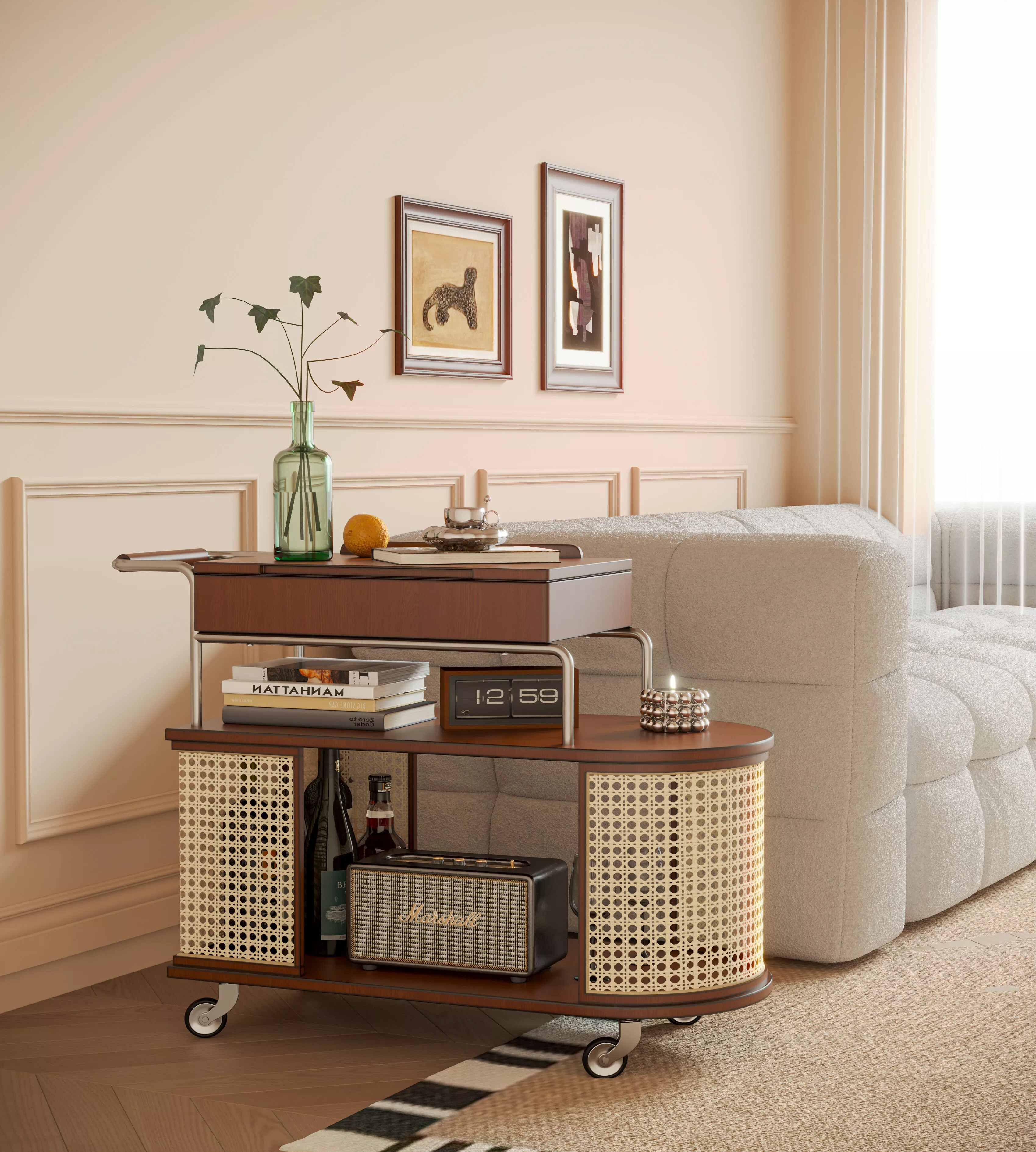 Retro rattan woven mobile cart edge table 3D model