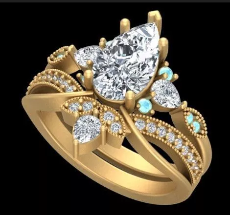 Pear Cut Vintage Bridal Ring Set 3D print model