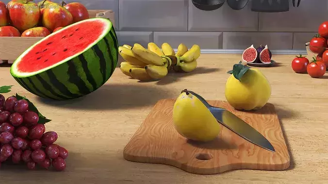 Chopping Board with Quince 3D model 4