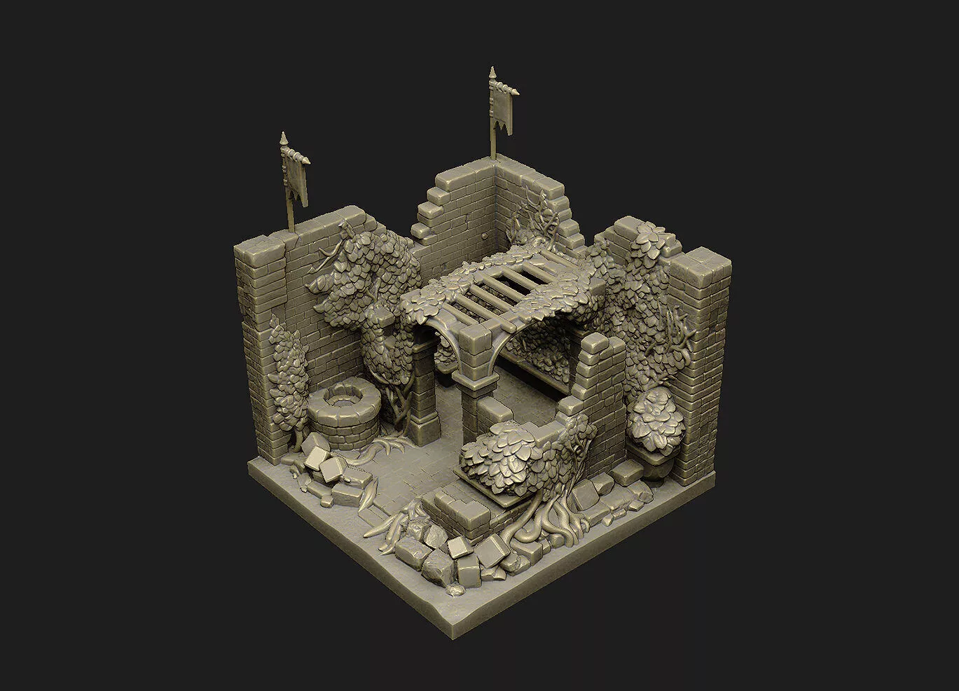 building flags banners well rubble debris bricks isometric-view 3D print model