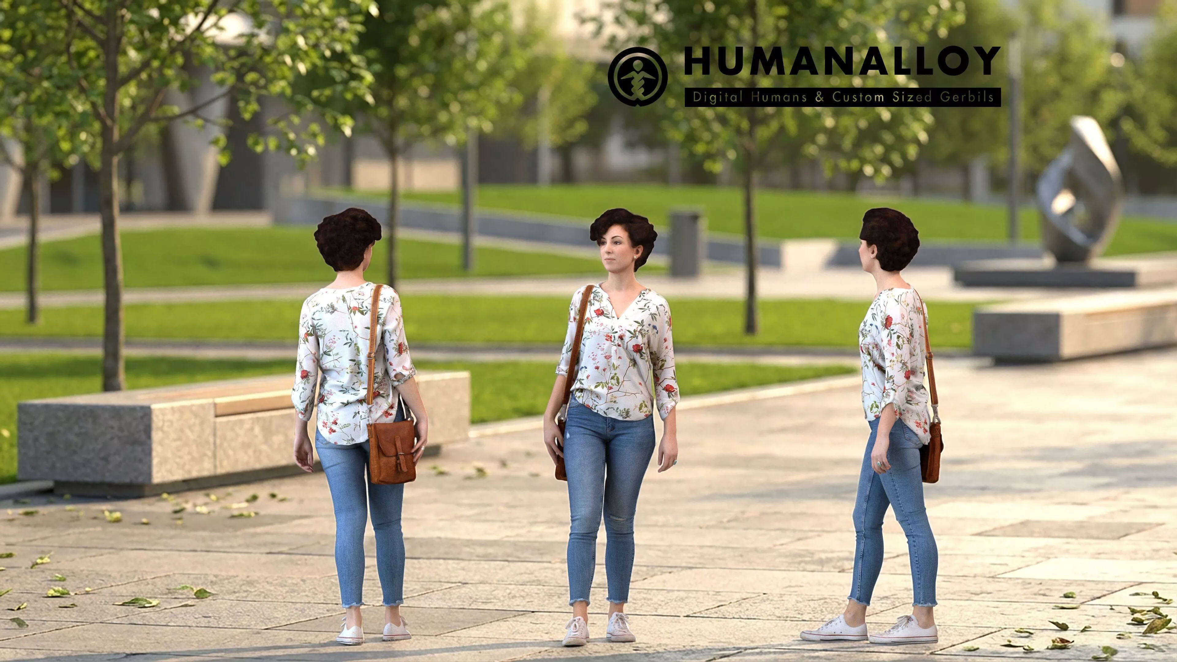 Adult Caucasian woman walking through public space carrying 3D model