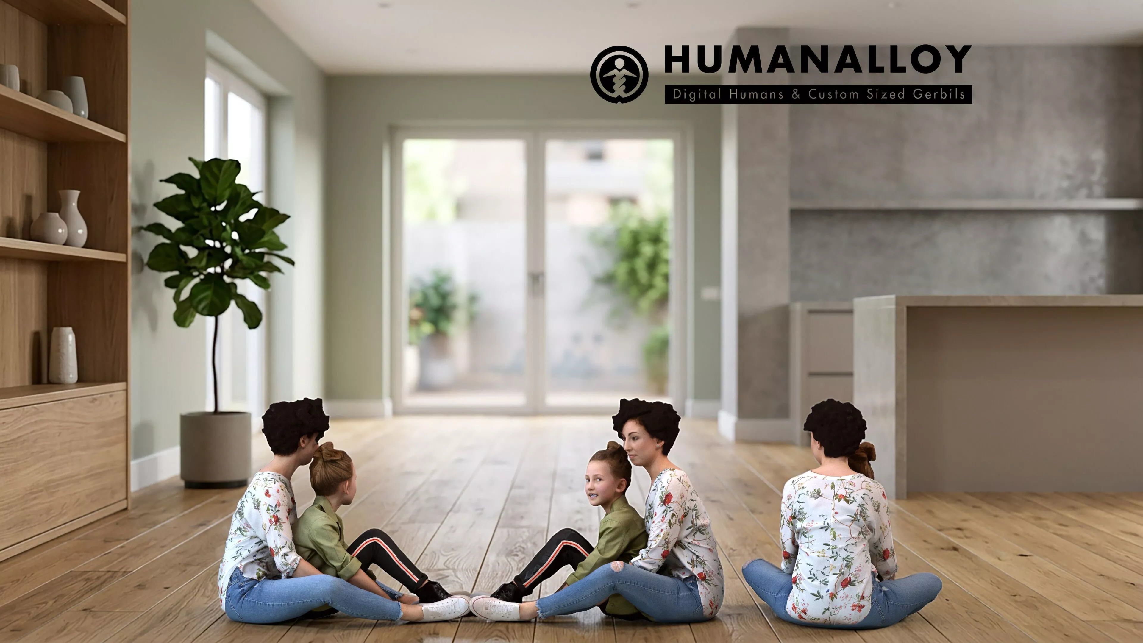 Adult Caucasian woman sitting casually with child in 3D model