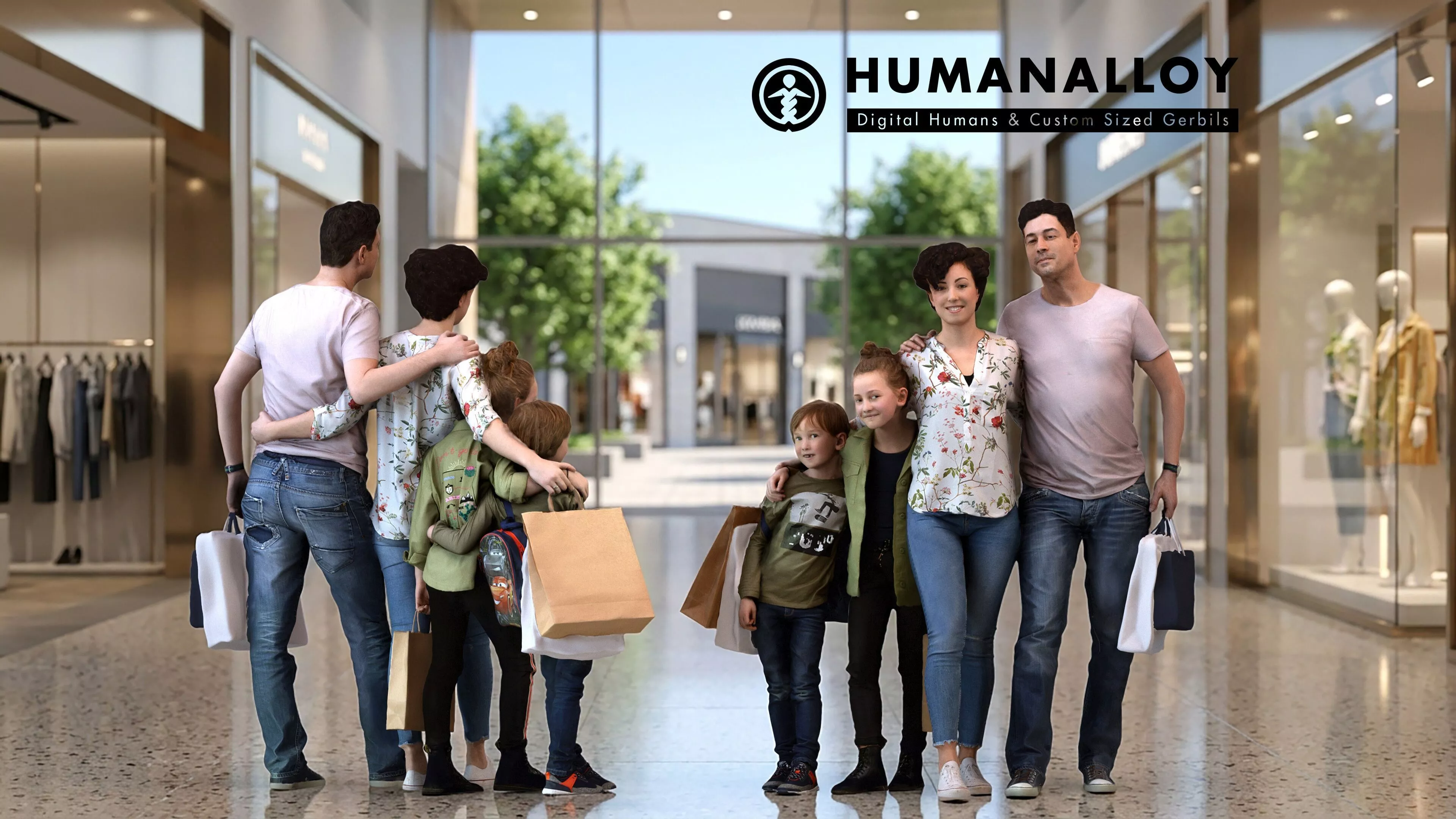 Adult Caucasian people bonding in retail space carrying bags 3D model