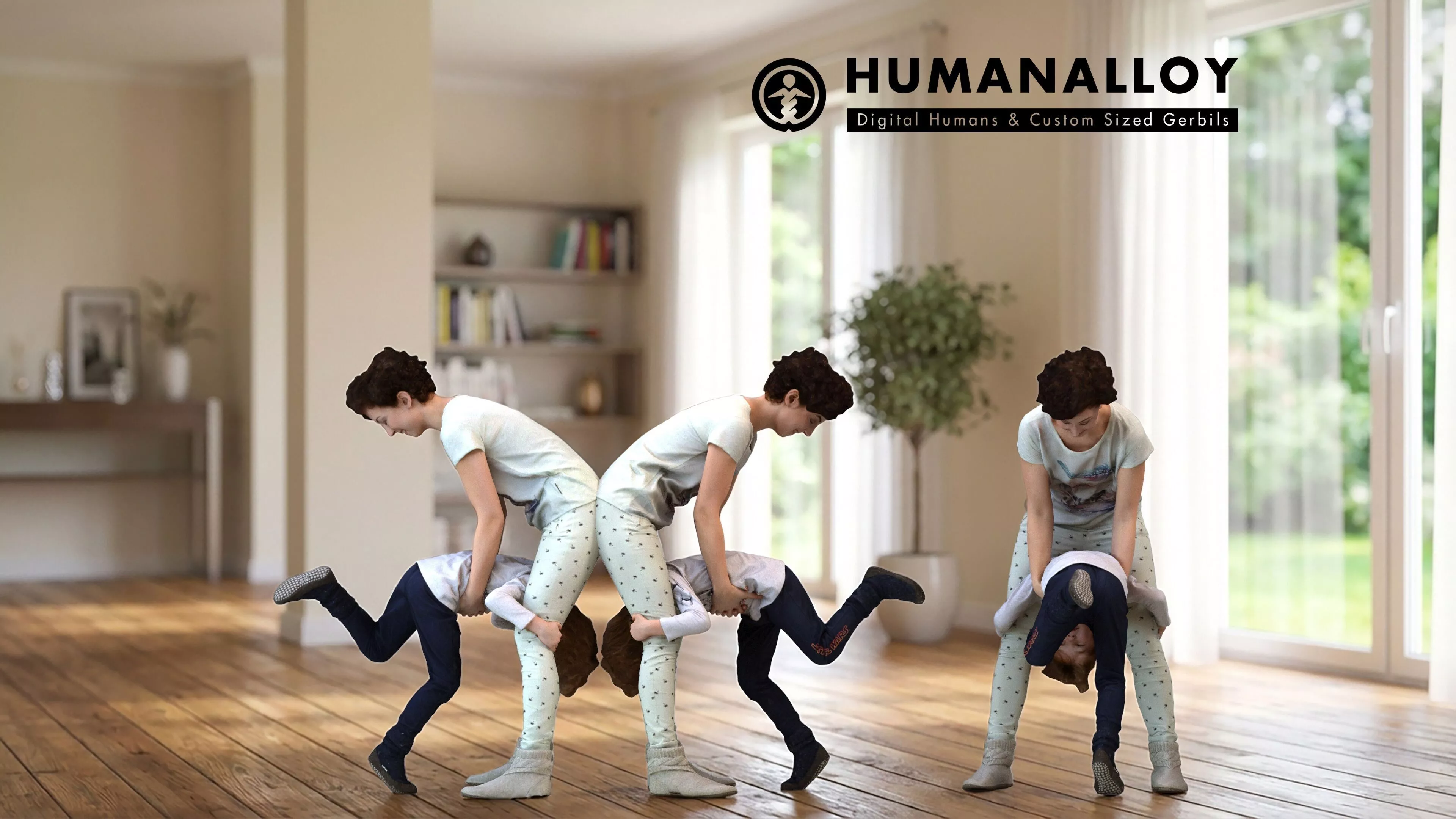 Caucasian adult crouching indoors bonding together in 3D model