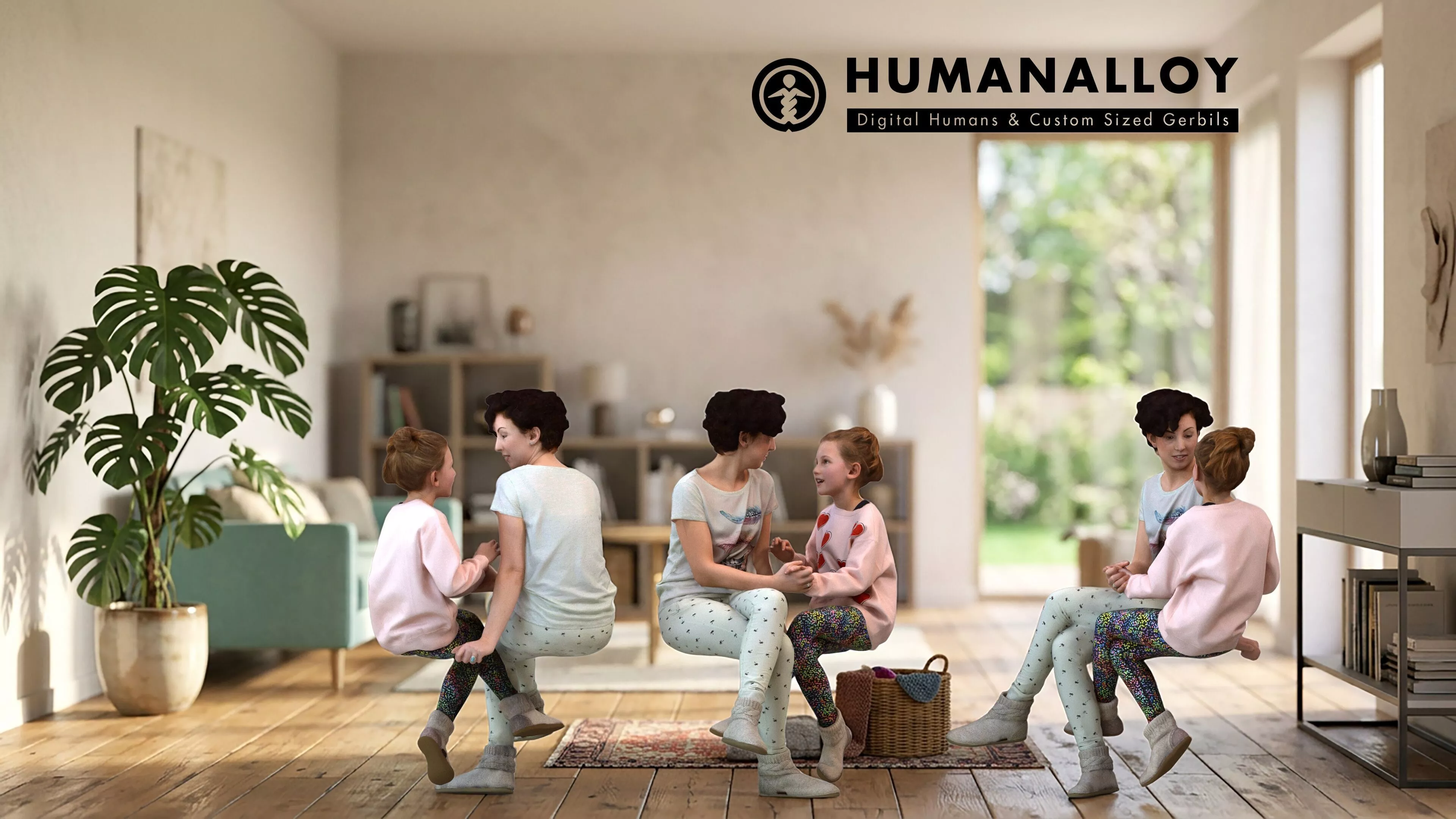 Young Caucasian woman sitting casually with daughter in 3D model