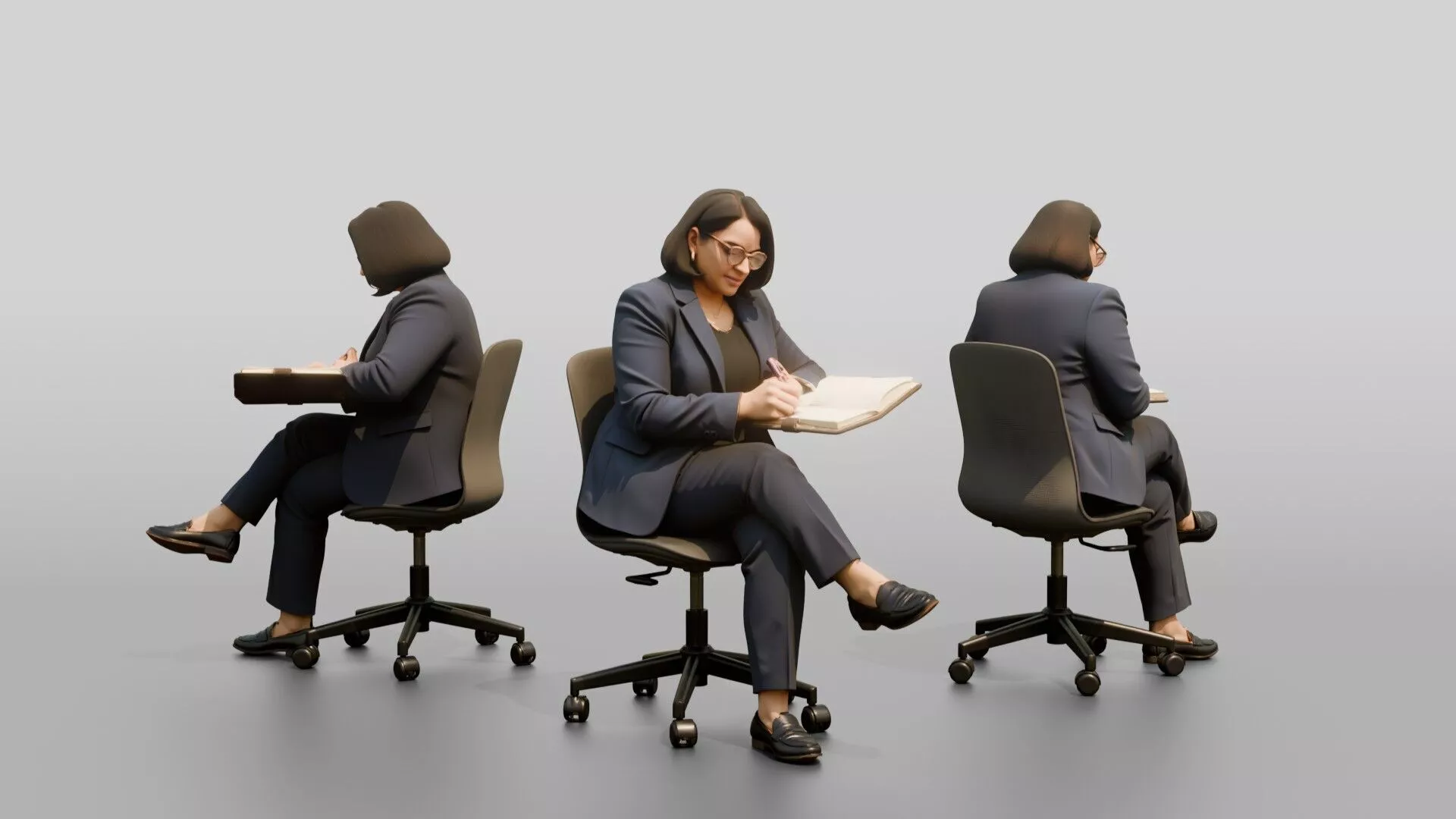 Businesswoman Writing on an Office Chair 3D model