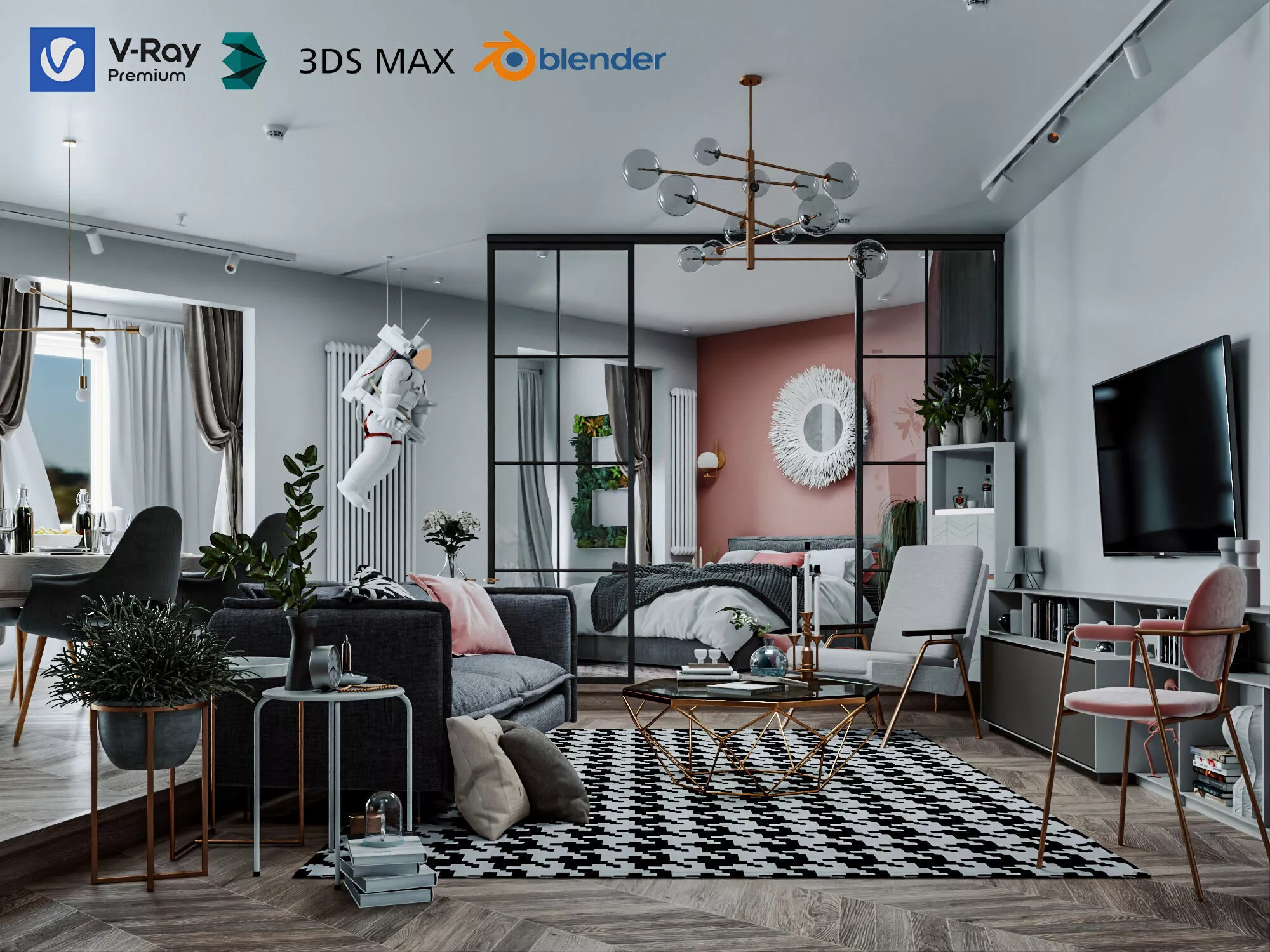 Modern Apartment Living Room with Astronaut Decor Low-poly 3D model