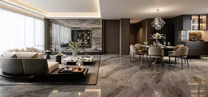 Italian-style living and dining room 3D model 2