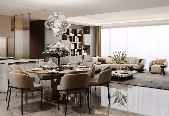 Italian-style living and dining room 3D model 3