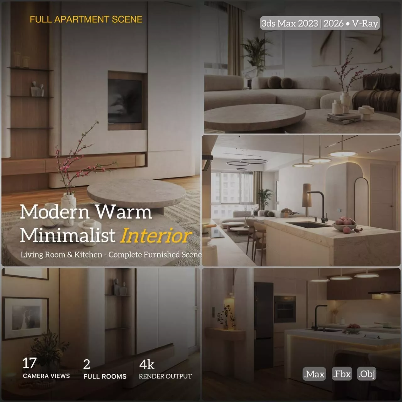 Modern Warm Minimalist Apartment Interior Living Room Kitchen 3D model