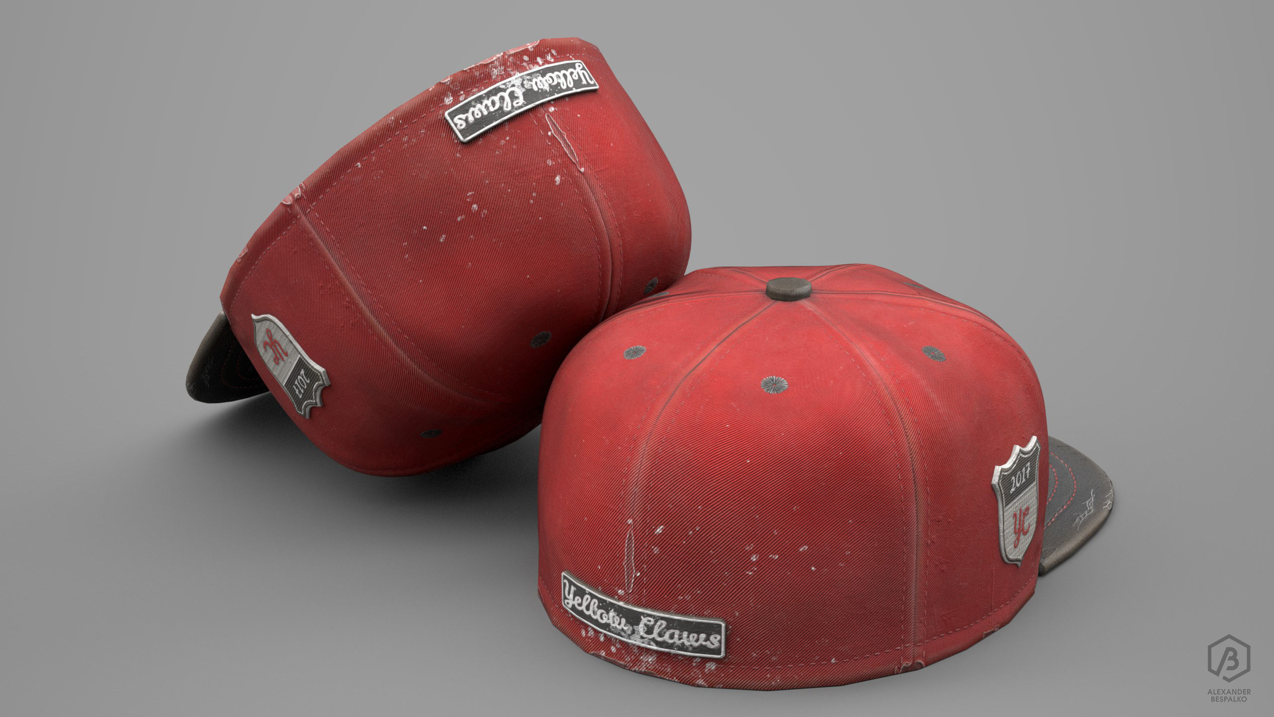 Game Ready Baseball Cap Red Pristine and Worn Variants Low-poly 3D model_5