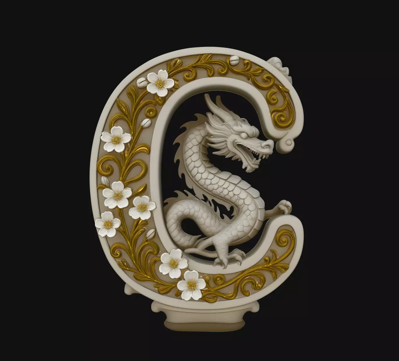 Dragon Letter C Floral Decor 3D Print Model 3D print model