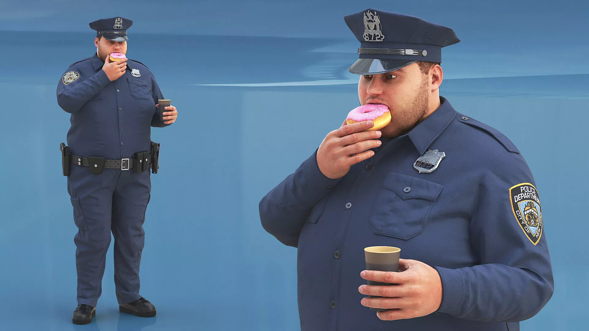 Fat NYPD Cop with Coffee and Donut Fur for Maya 3D model