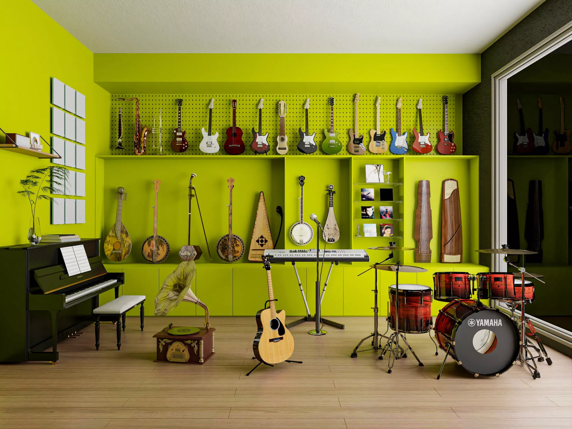 Vibrant Music Room with Instrument Display 3D model