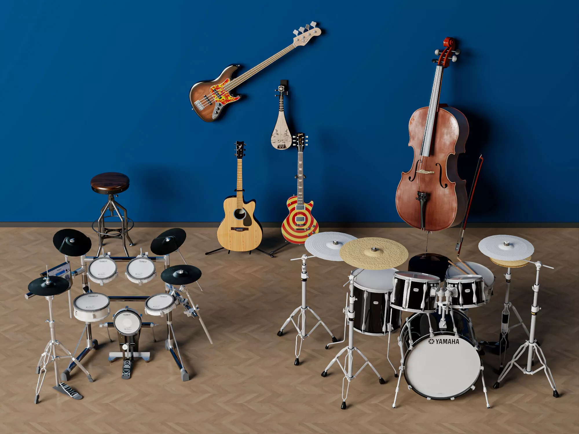 Music Room with Drum Kit and Guitars 3D model