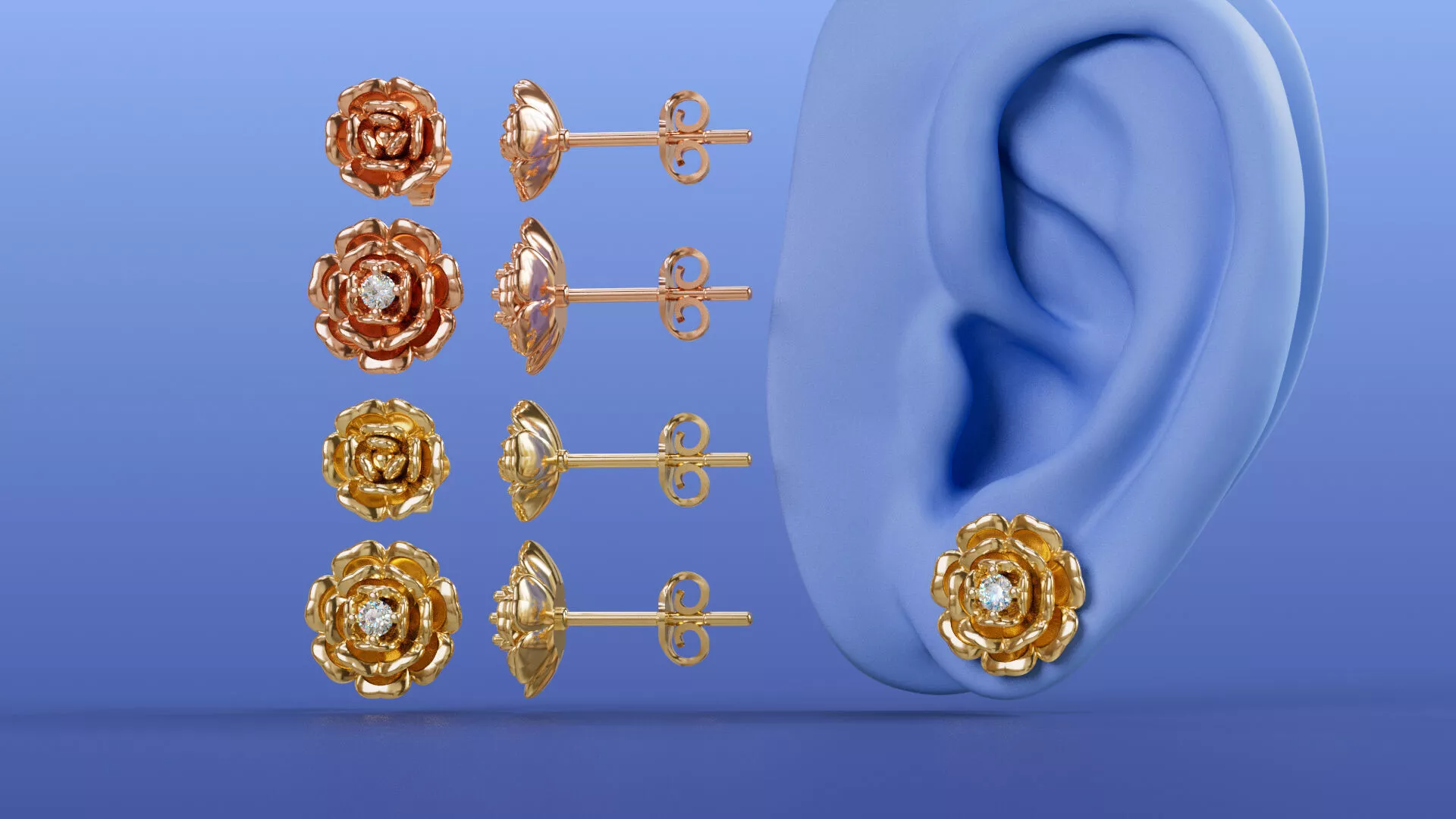 Peony Flowers Stud Earrings Gold Jewelry CAD Design 3D print model