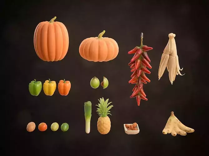 Stylized Fresh Produce Harvest Pack Fruits Vegetables Low-poly 3D model