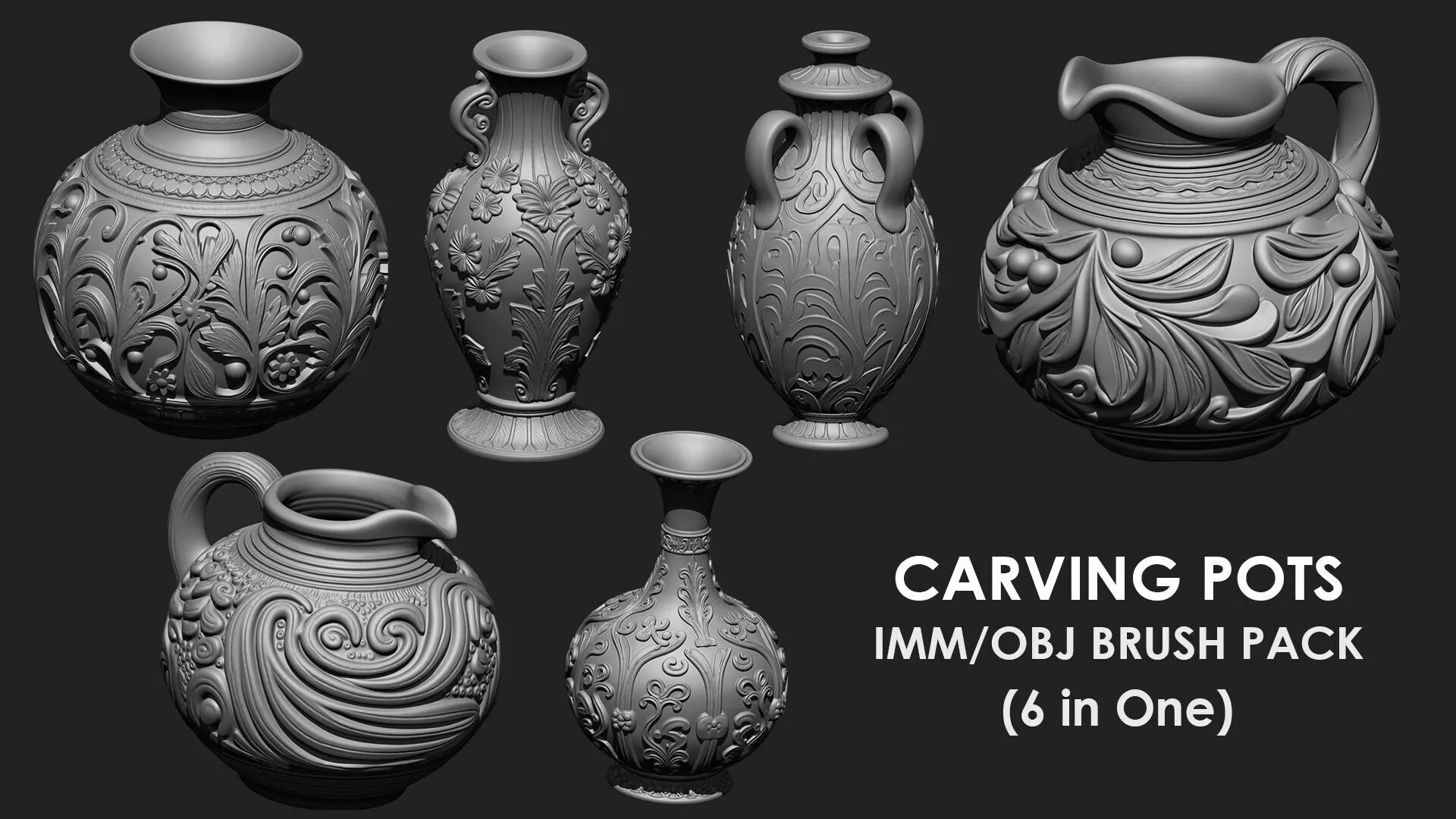 CARVING POTS 6 IN ONE IMM OBJ BRUSH 3D model