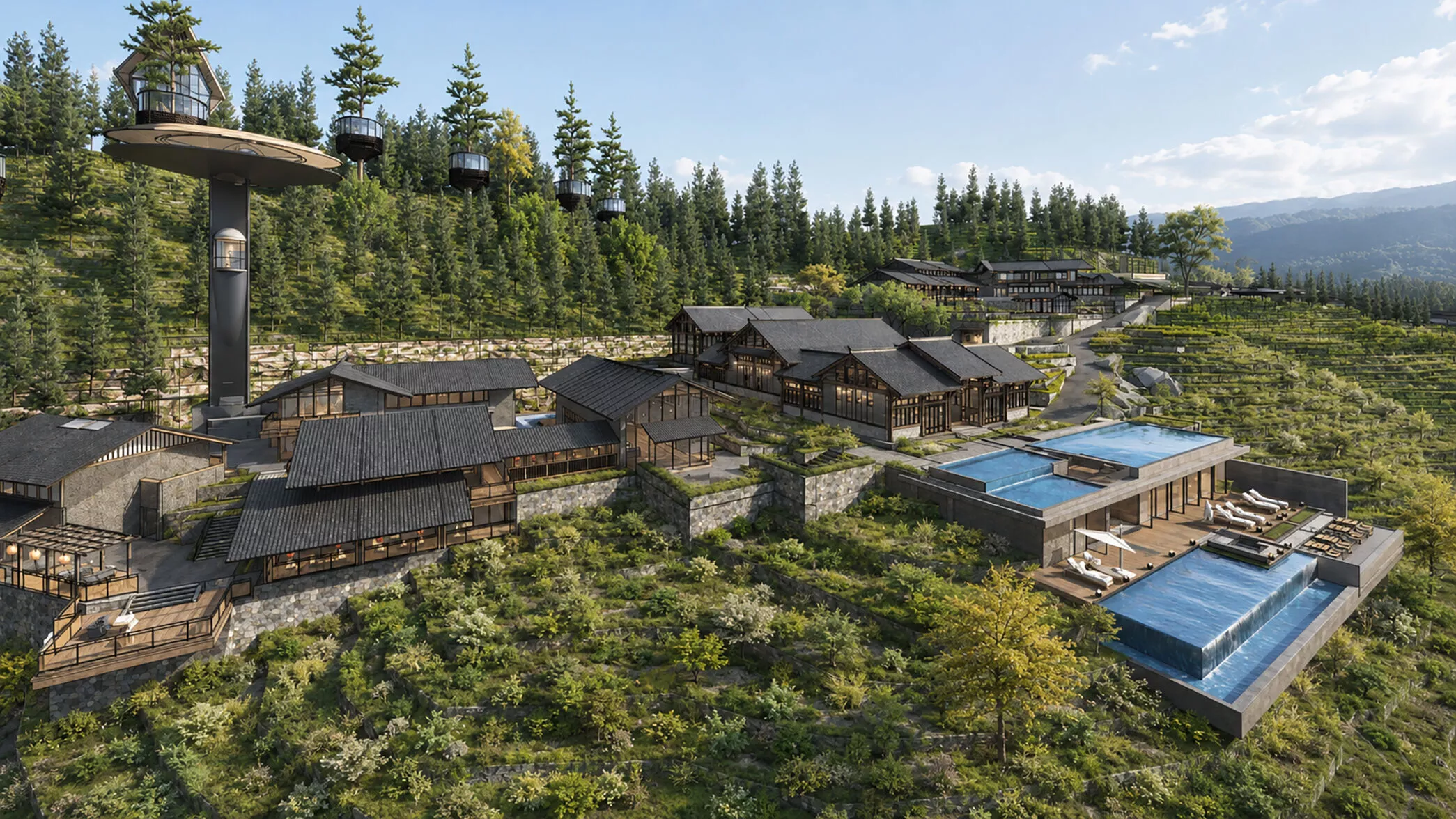 Oriental Mountain Forest Resort Hotel with Treehouse Guest Rooms 3D model