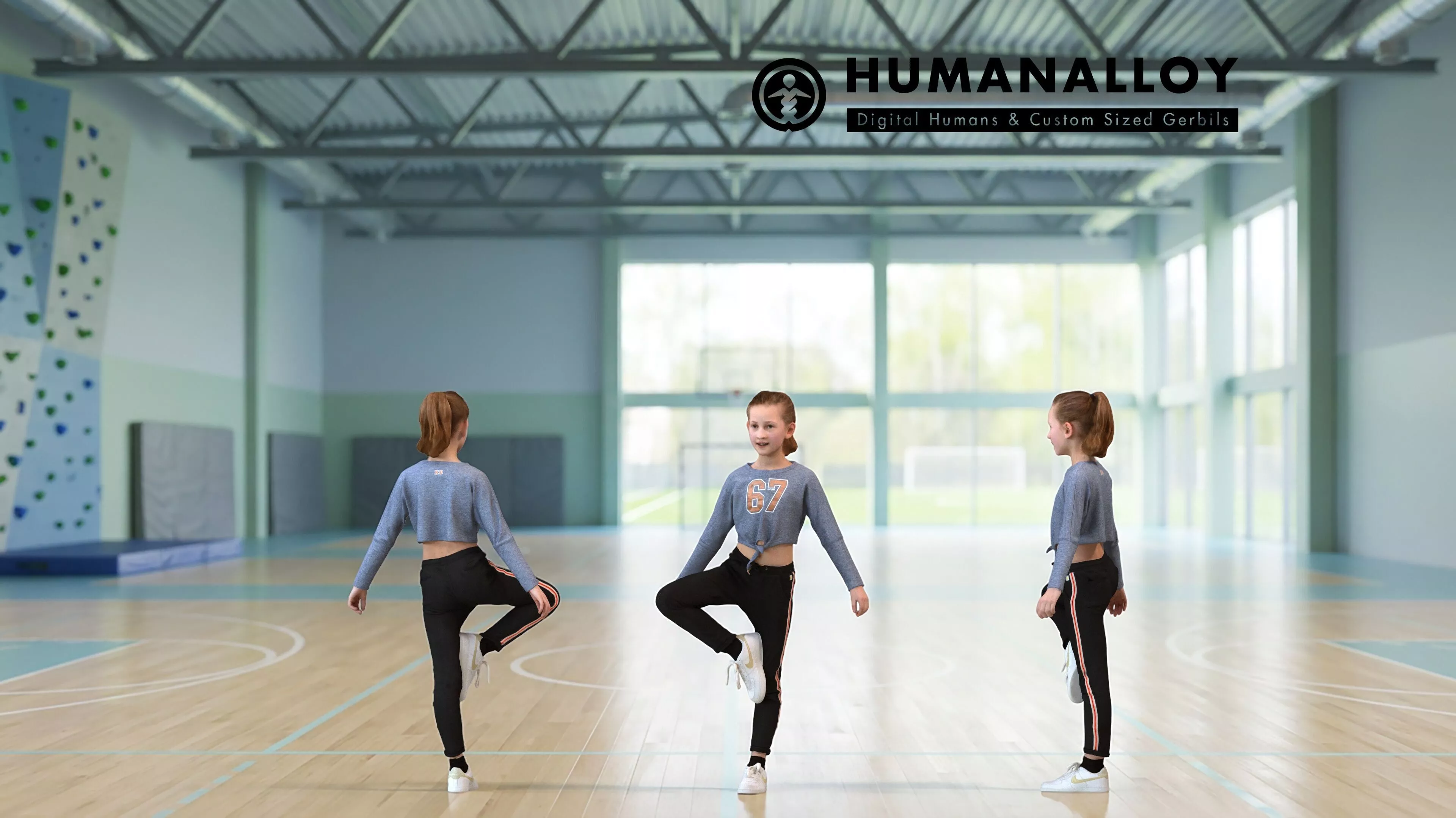 Young Caucasian girl exercising in sports facility wearing 3D model