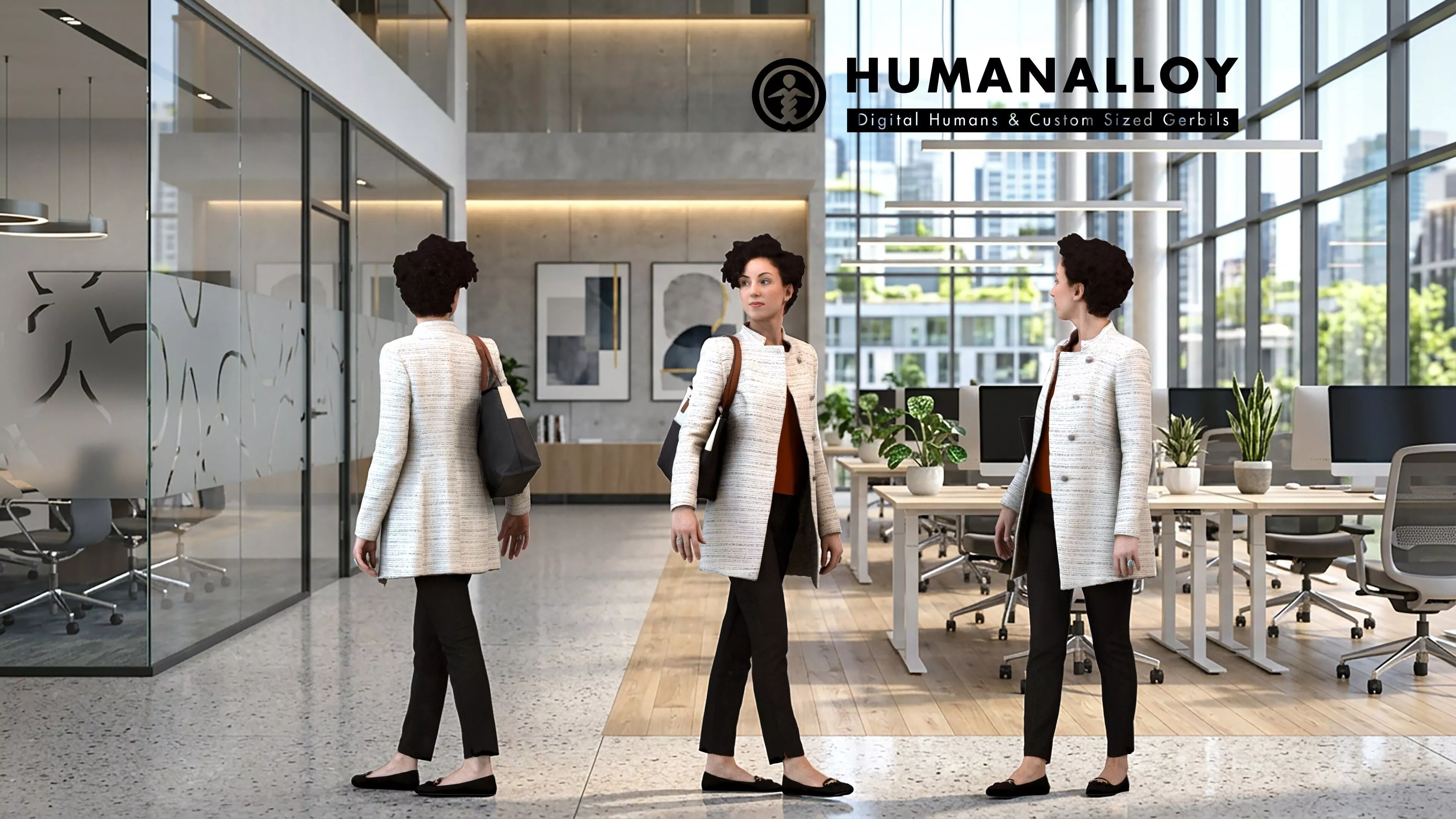 Adult Caucasian woman walking through office in transitional 3D model