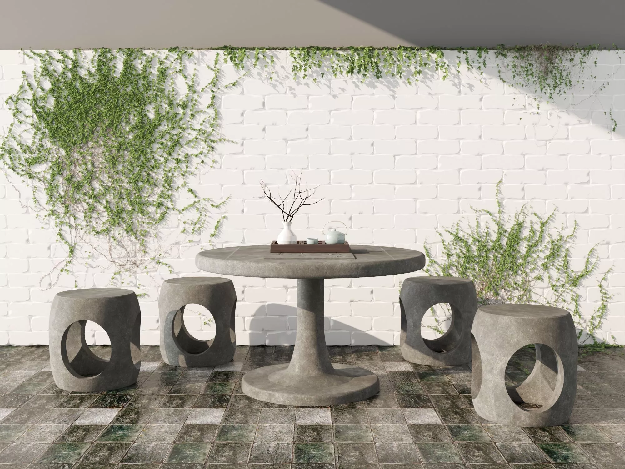 Modern New Chinese Zen Stone Garden Table Stool Set 3D Model 3D model