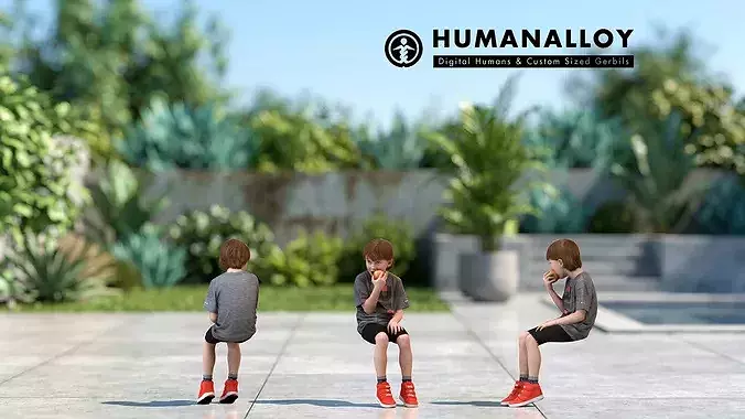 Young Caucasian boy sitting casually eating food in summer 3D model