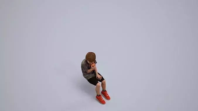 Young Caucasian boy sitting casually eating food in summer 3D model 6