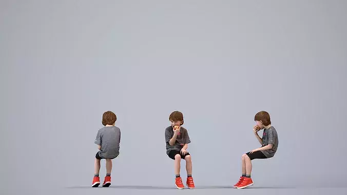 Young Caucasian boy sitting casually eating food in summer 3D model 2